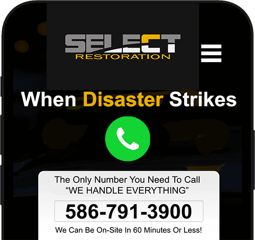 Phone showing number 586-791-3900 to Select Restoration's Storm Damage Roof Restoration Services in Farmington Hills, MI